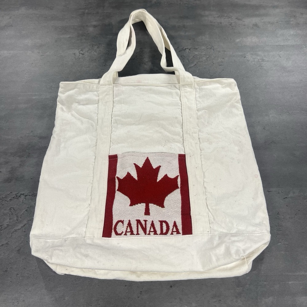 Vintage Canada Needlepoint Tote Bag White Large Canvas Travel School Grocery